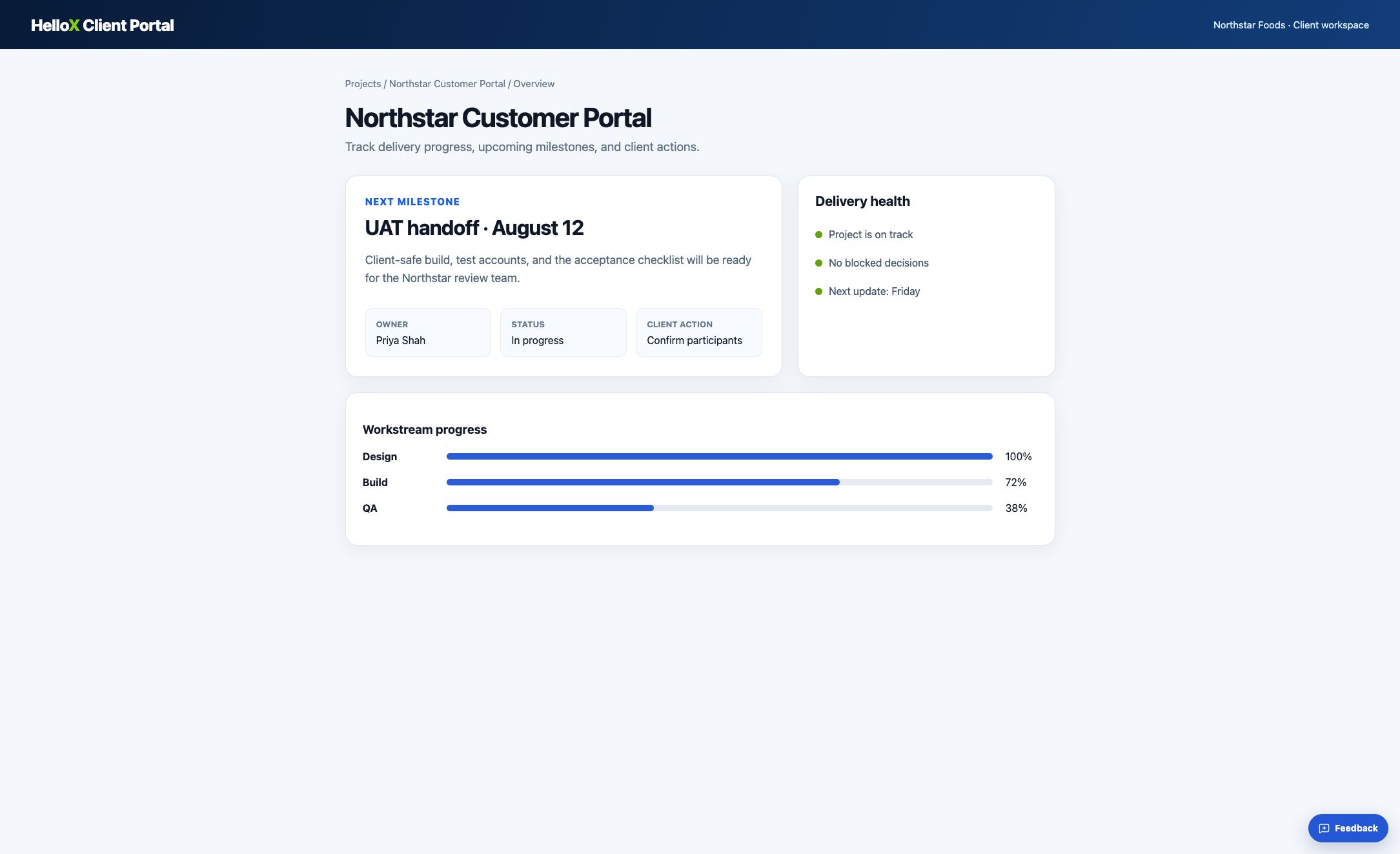 Client portal with the Feedback launcher in the lower-right corner
