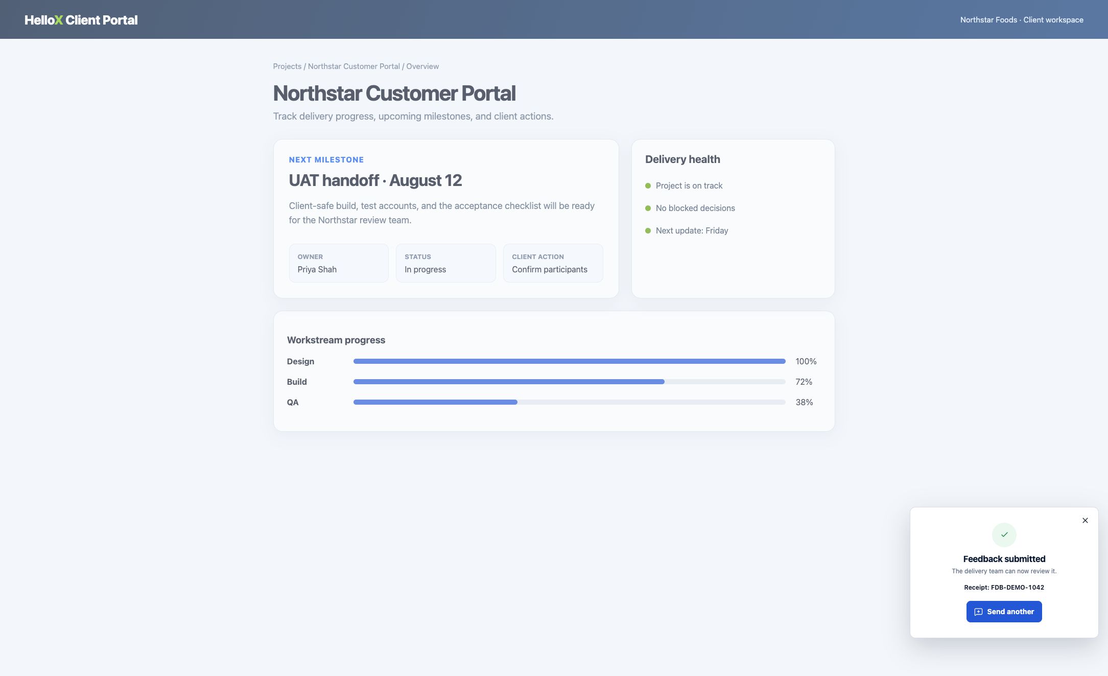 Real Feedback submitted receipt shown in the client portal